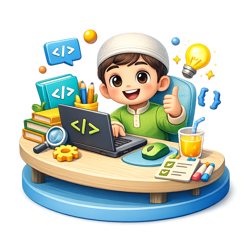 Karakter 3D anak muslim senang coding